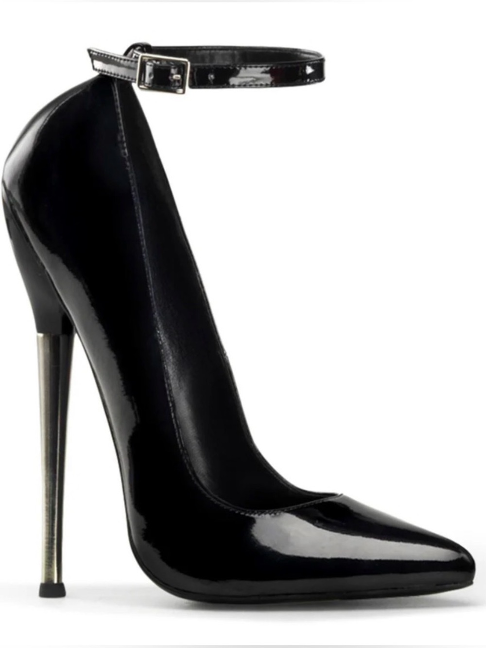 NIB Devious Dagger-12 Black Patent Pointed Stiletto Pump with Ankle Strap